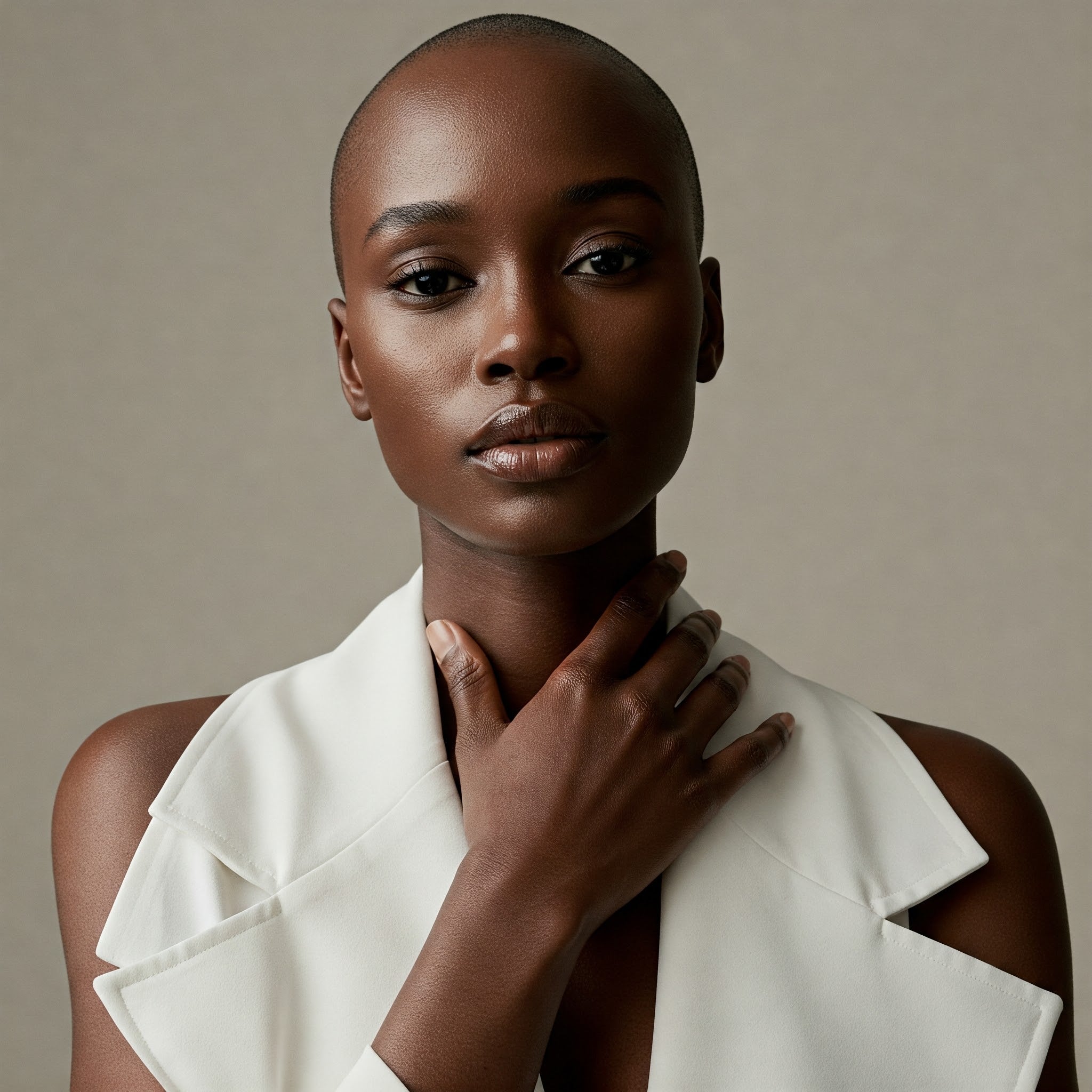 Elegant bald woman standing confidently in luxury wellness setting – Baldy Nuance Elegant bald woman standing confidently in luxury wellness setting – Baldy Nuance