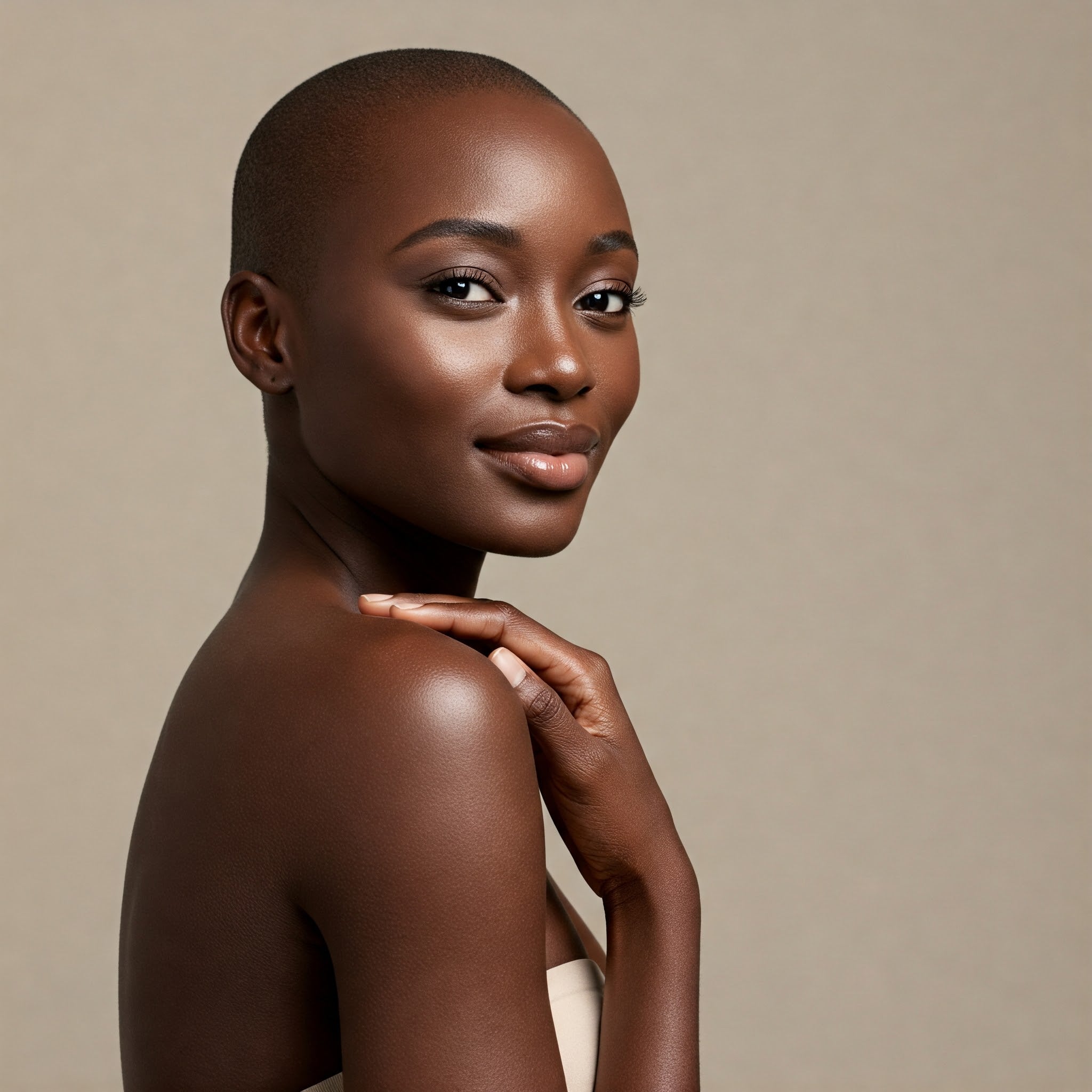 Elegant bald woman standing confidently in luxury wellness setting – Baldy Nuance Elegant bald woman standing confidently in luxury wellness setting – Baldy Nuance