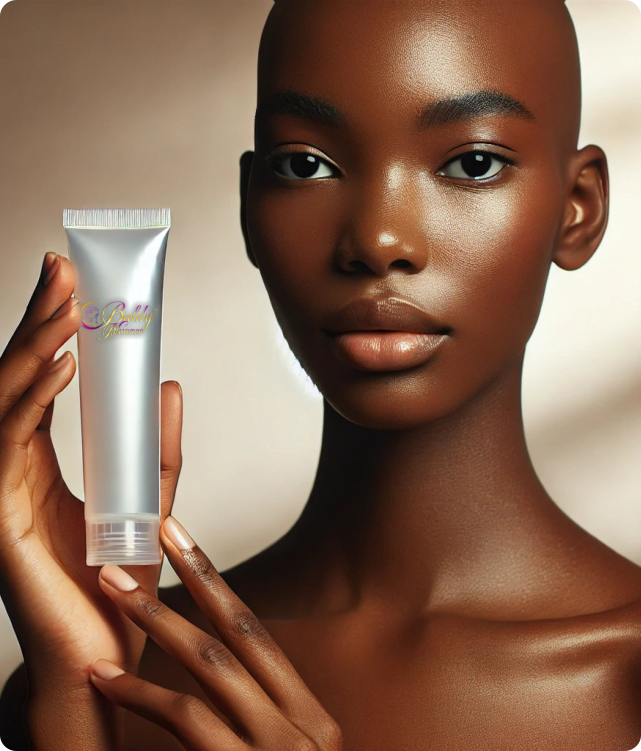 Confident bald woman modeling luxury skincare in soft natural light Confident bald woman modeling luxury skincare in soft natural light