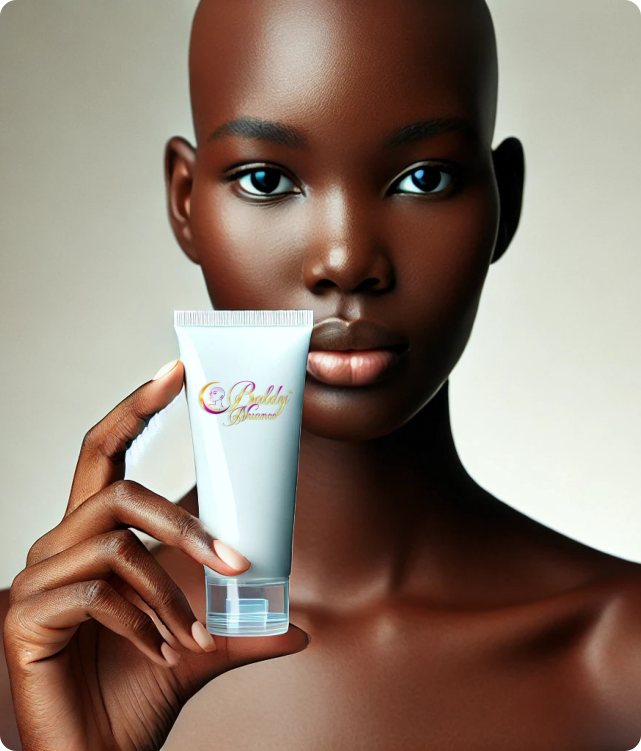Confident bald woman modeling luxury skincare in soft natural light Confident bald woman modeling luxury skincare in soft natural light