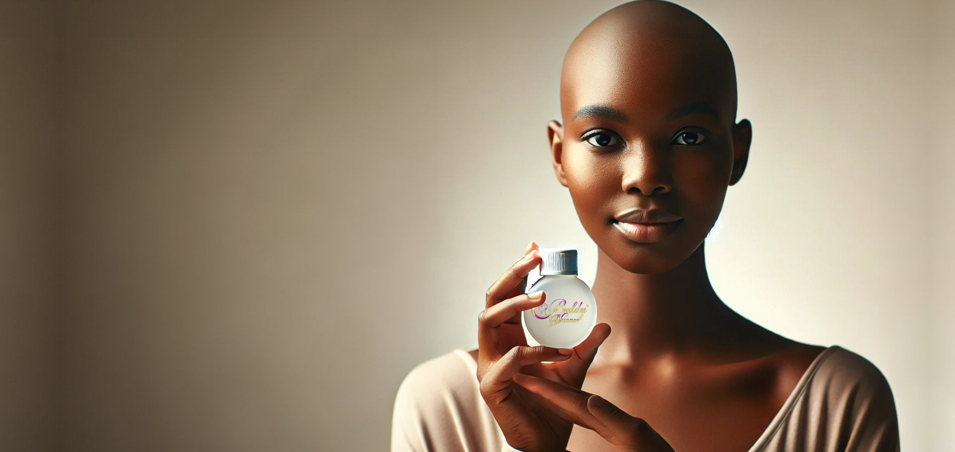 Confident bald woman modeling luxury skincare in soft natural light
