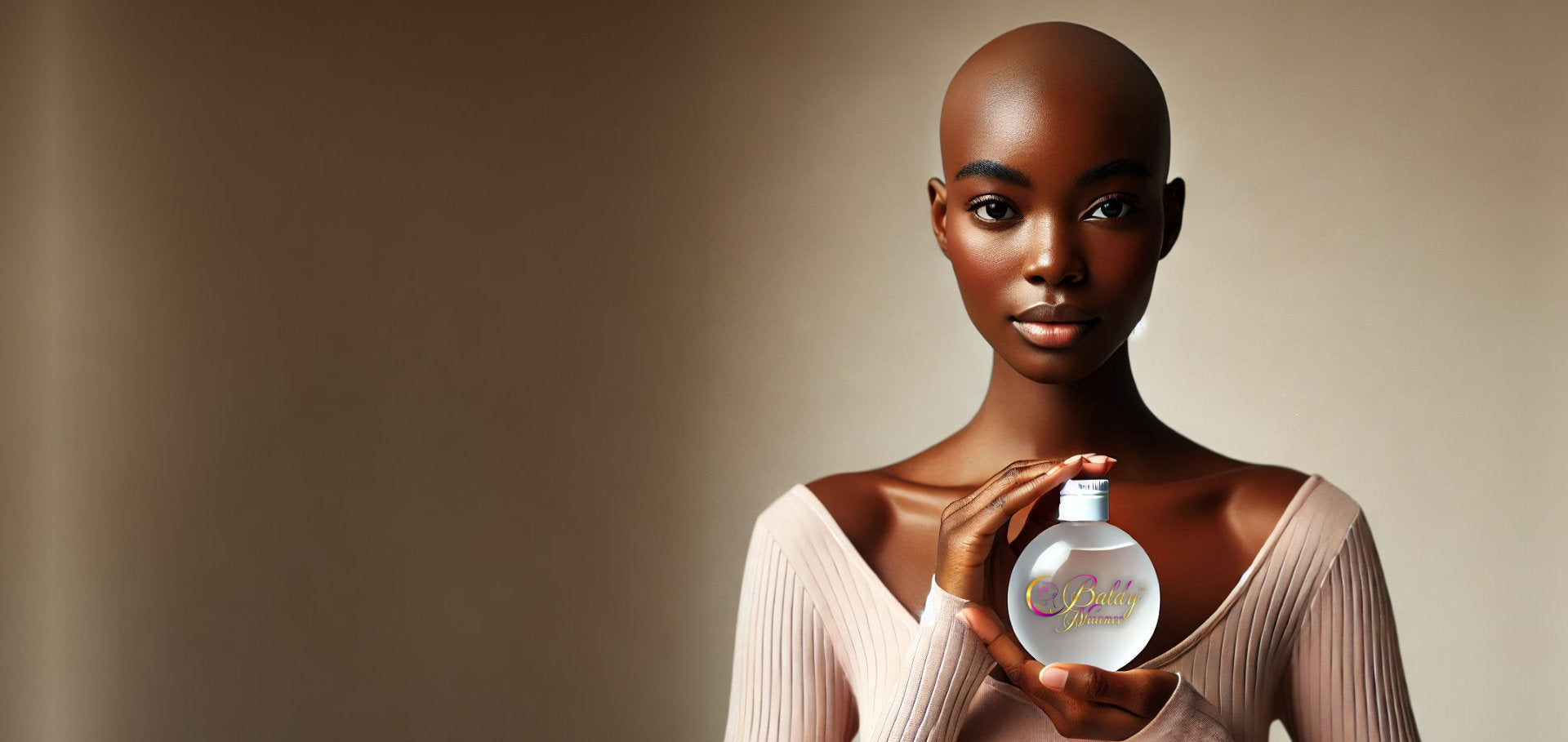 Confident bald woman modeling luxury skincare in soft natural light