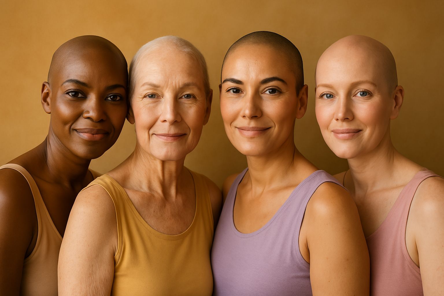 Elegant bald models in wellness shoot with neutral backdrop – Baldy Nuance