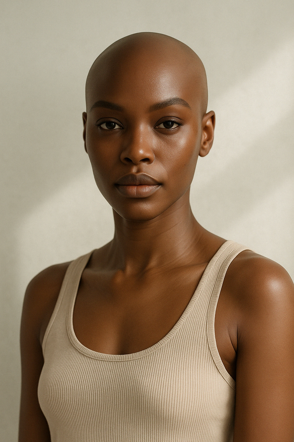 Confident bald woman modeling luxury skincare in soft natural light