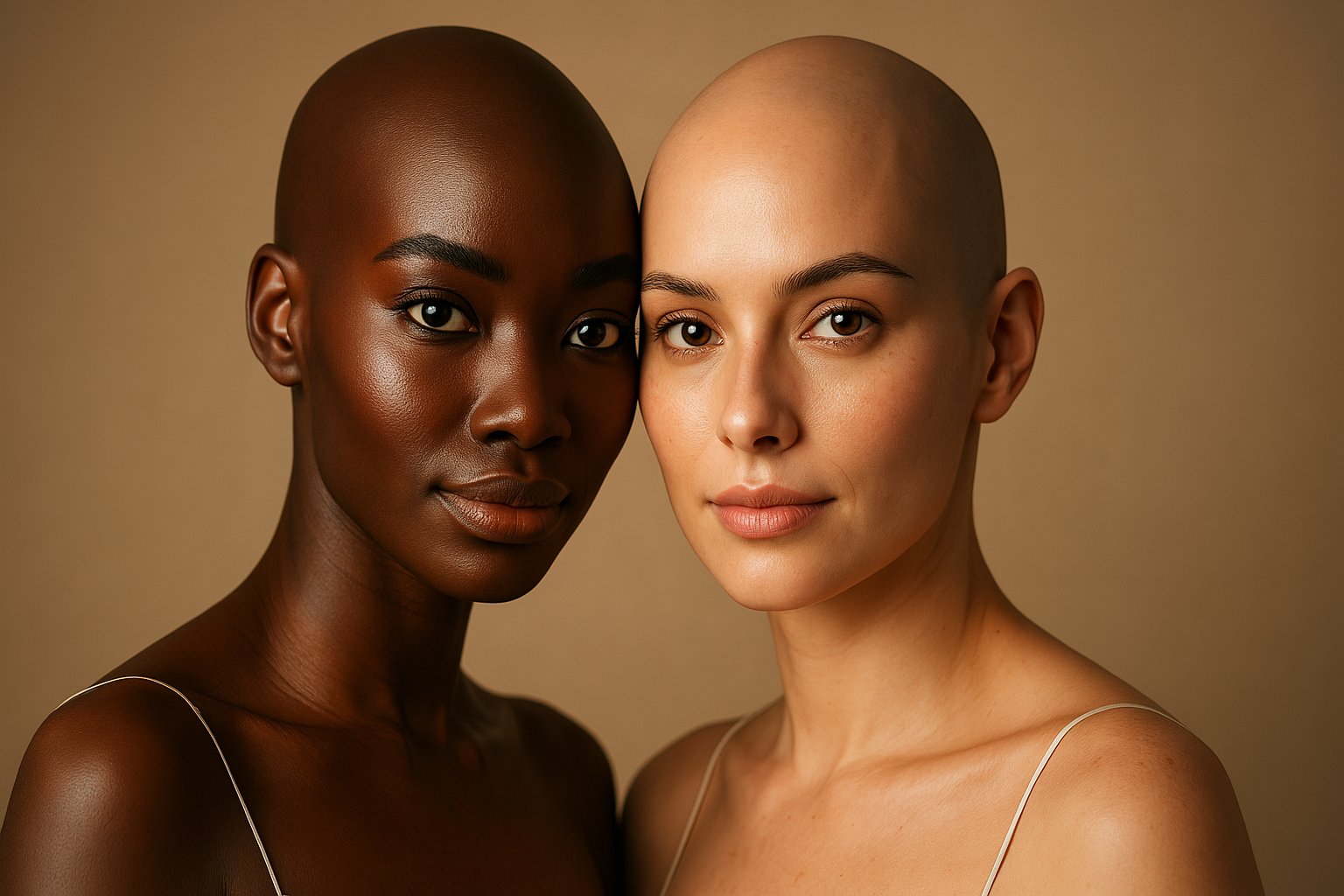Empowered bald woman smiling in minimalist editorial campaign