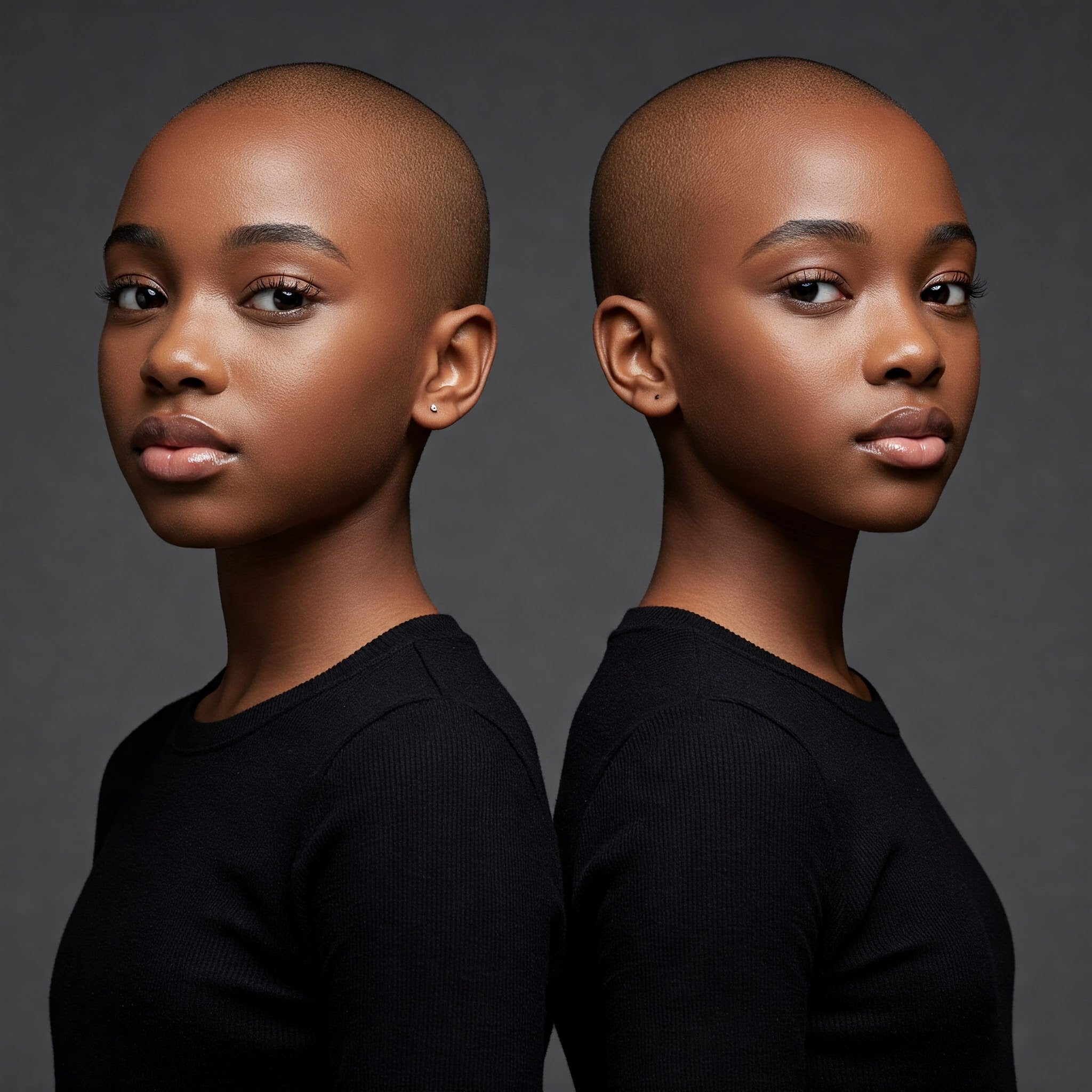 Confident bald young woman modeling luxury skincare in soft natural light