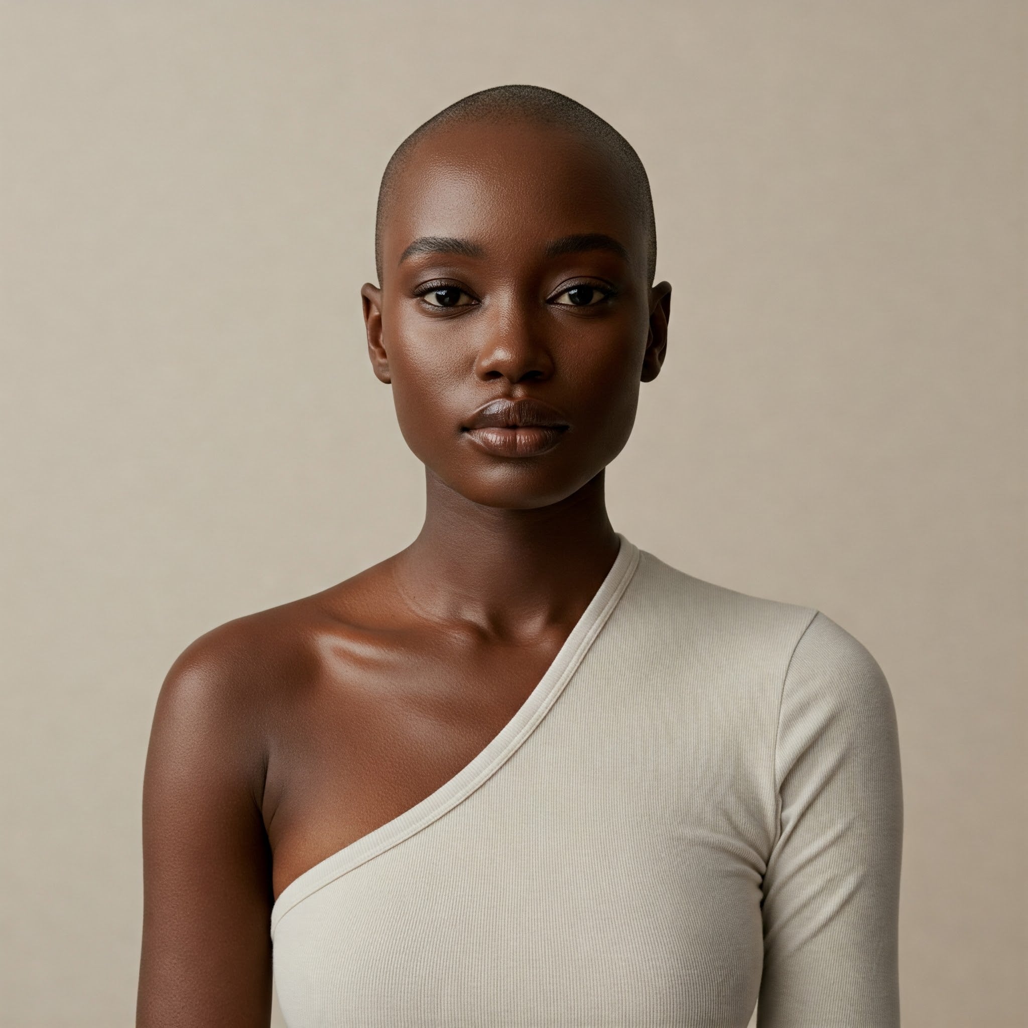 Confident bald woman modeling luxury skincare in soft natural light