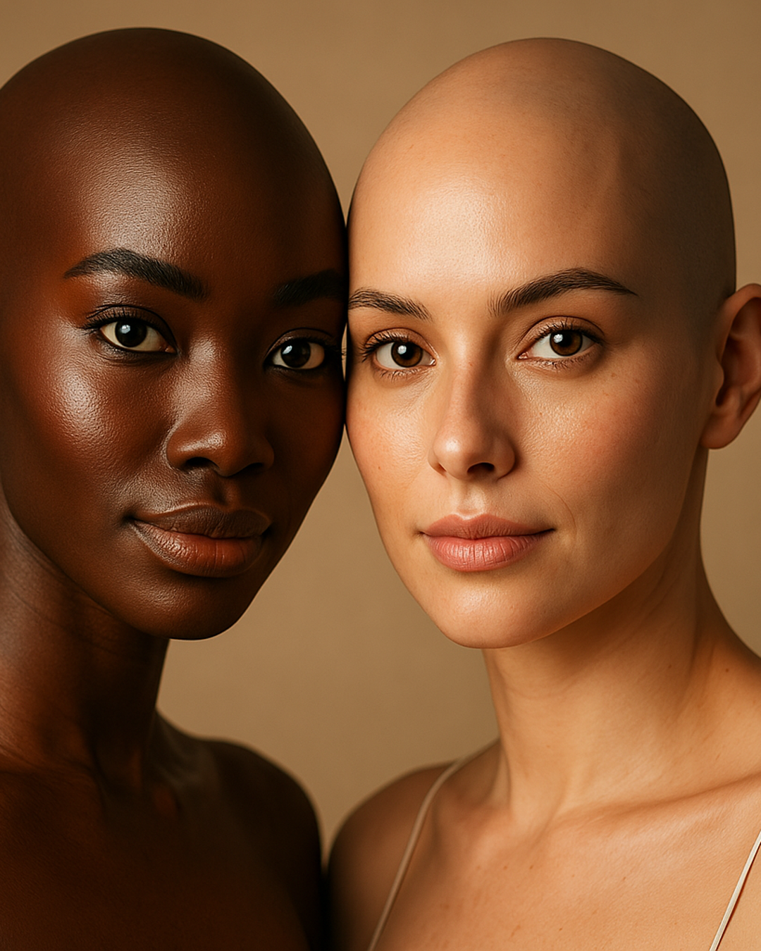 Empowered bald woman smiling in minimalist editorial campaign